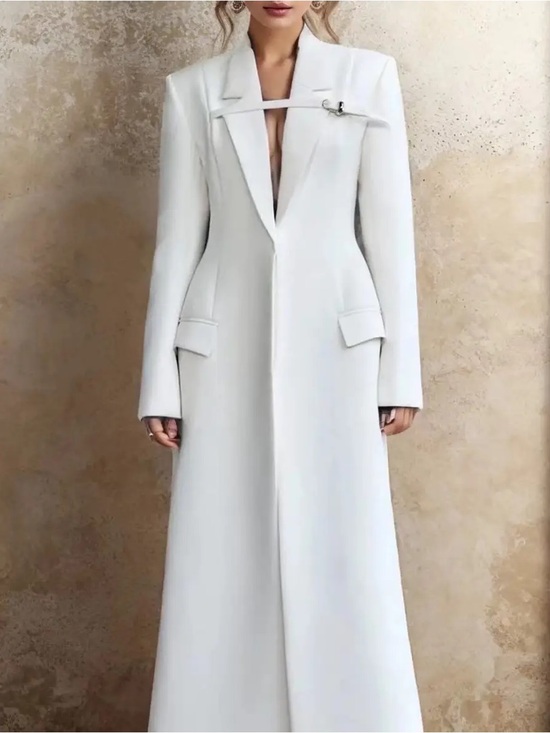 Sanyao Jackets & Blazers - Women's white Long Trench Coat with Buckle-Detail Collar